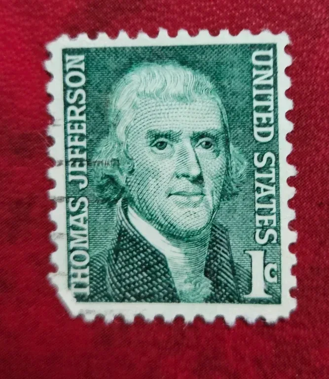United States 1968 1c Thomas Jefferson Regular stamp, photographed by a collector