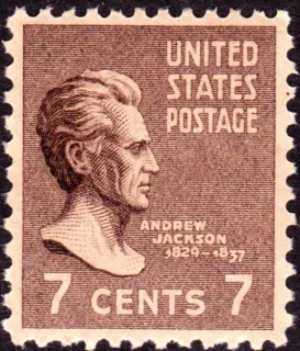 United States 1938 7c Andrew Jackson stamp, photographed by a collector