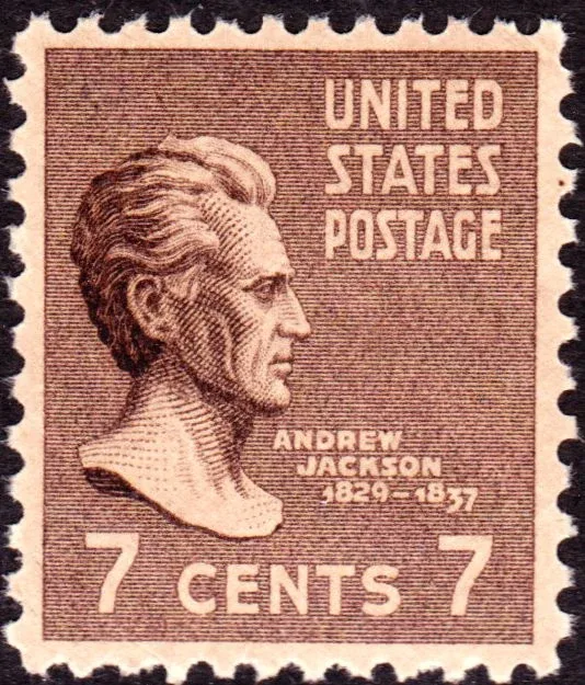 United States 1938 7c Andrew Jackson stamp, photographed by a collector
