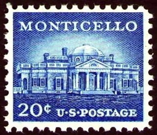 United States 1956 20c Montcello stamp, photographed by a collector