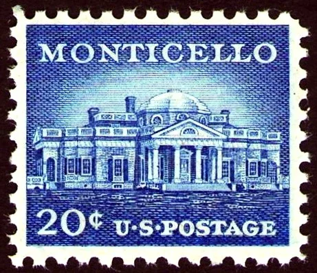 United States 1956 20c Montcello stamp, photographed by a collector
