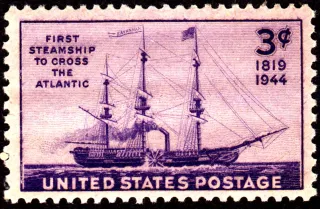 United States 1944 3c Savannah Steam Atlantic Crossing stamp, photographed by a collector