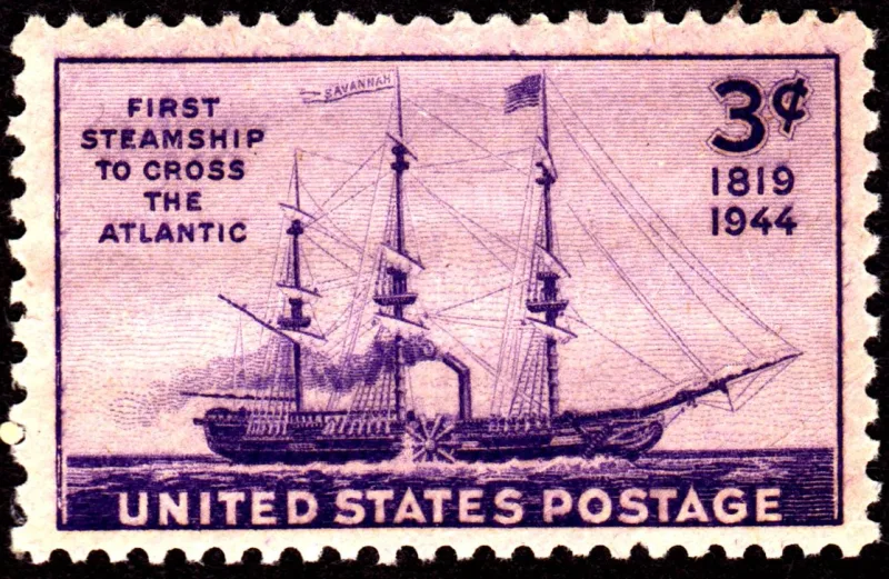 United States 1944 3c Savannah Steam Atlantic Crossing stamp, photographed by a collector