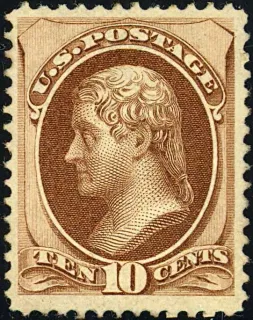 United States 1870 10c Thomas Jefferson stamp, photographed by a collector