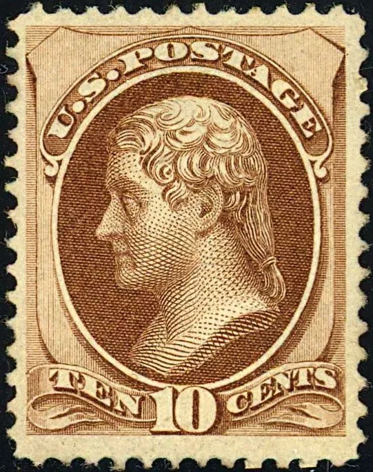 United States 1870 10c Thomas Jefferson stamp, photographed by a collector