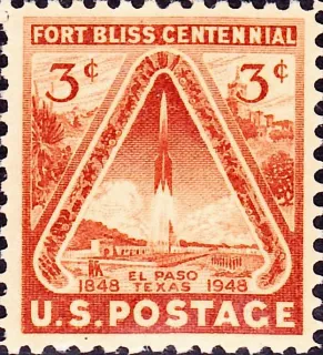 United States 1948 3c Fort Bliss stamp, photographed by a collector