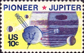 United States 1975 10c Pioneer Jupiter stamp, photographed by a collector