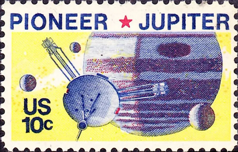 United States 1975 10c Pioneer Jupiter stamp, photographed by a collector