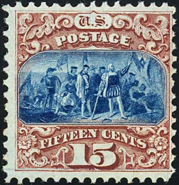 United States 1869 15c Columbus Landing stamp, photographed by a collector