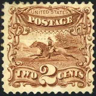 United States 1869 2c Post Horse & Rider stamp, photographed by a collector