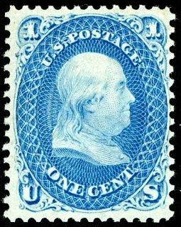 United States 1861 1c Benjamin Franklin stamp, photographed by a collector