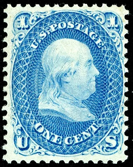 United States 1861 1c Benjamin Franklin stamp, photographed by a collector