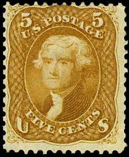 United States 1861 5c Thomas Jefferson stamp, photographed by a collector