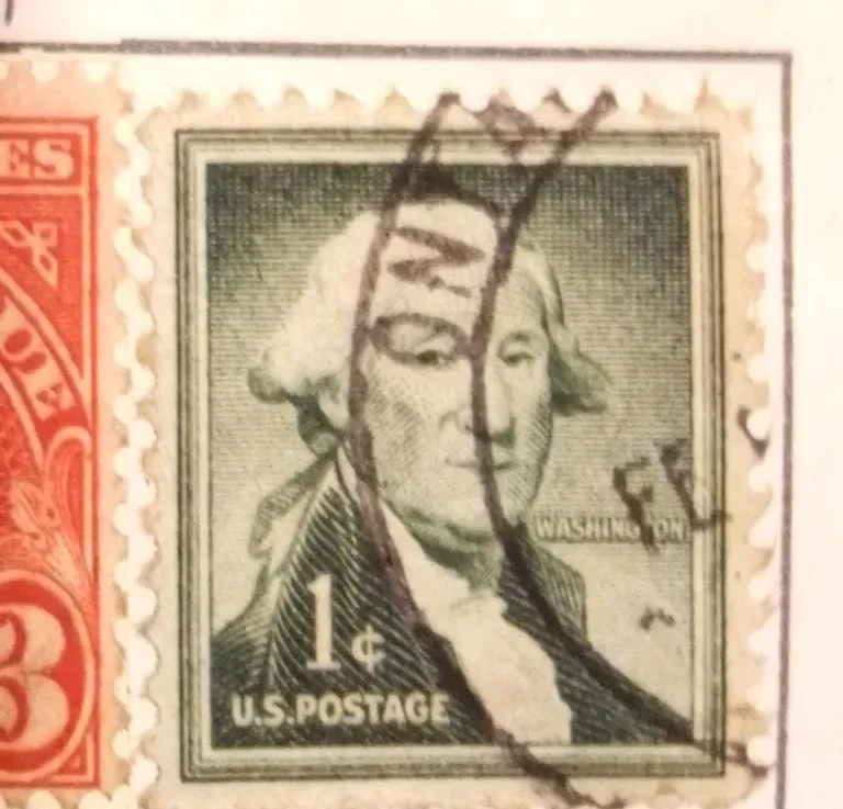 United States 1954 1 cent Liberty Series 1c Washington stamp, photographed by a collector