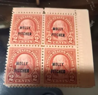 United States 1928 2 cents Molly Pitcher Overprint stamp, photographed by a collector