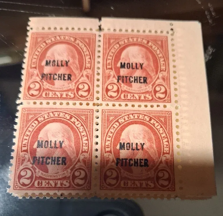 United States 1928 2 cents Molly Pitcher Overprint stamp, photographed by a collector