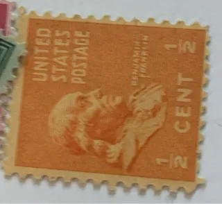 United States 1938 1/2 cent Benjamin Franklin 1/2c Prexie stamp, photographed by a collector