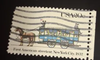 United States 1983 20 cents Streetcars 20c New York City 1832 stamp, photographed by a collector