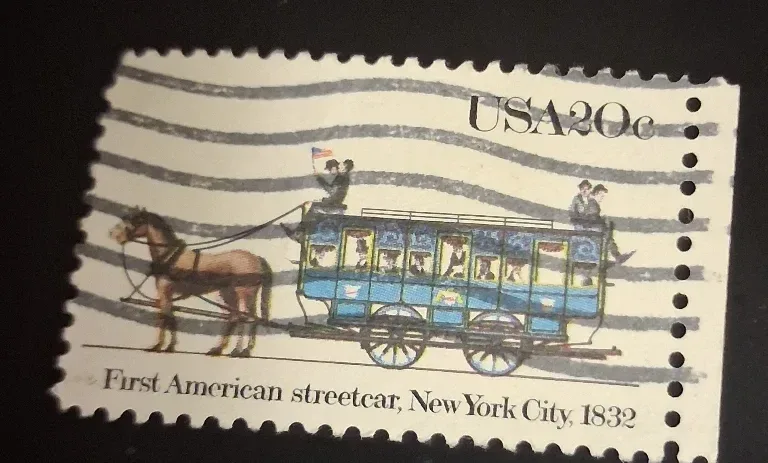 United States 1983 20 cents Streetcars 20c New York City 1832 stamp, photographed by a collector