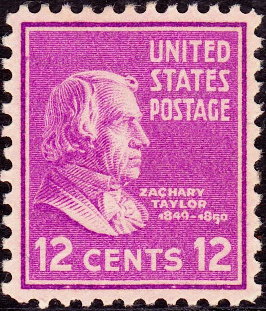 United States 1938 12c Zachary Taylor stamp, photographed by a collector