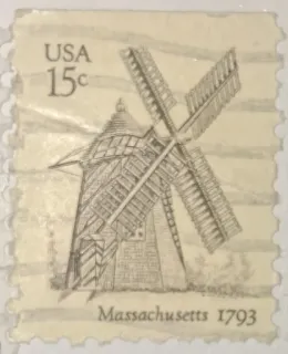 United States 1980 15c Massachusetts 1793 Windmill 15c stamp, photographed by a collector