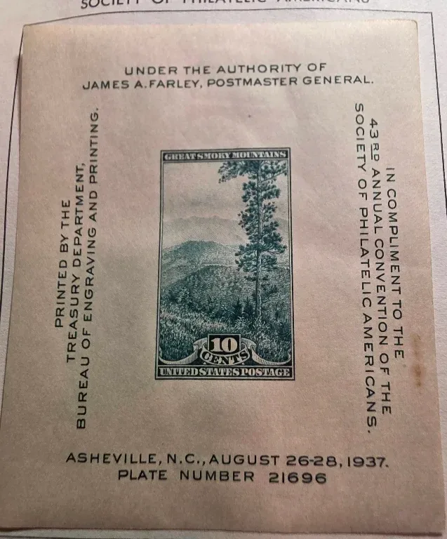 United States 1937 10 cents SPA Convention Souvenir Sheet stamp, photographed by a collector