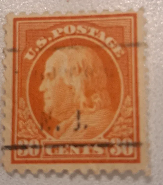 United States 1914 30 cents 30c Franklin Orange stamp, photographed by a collector