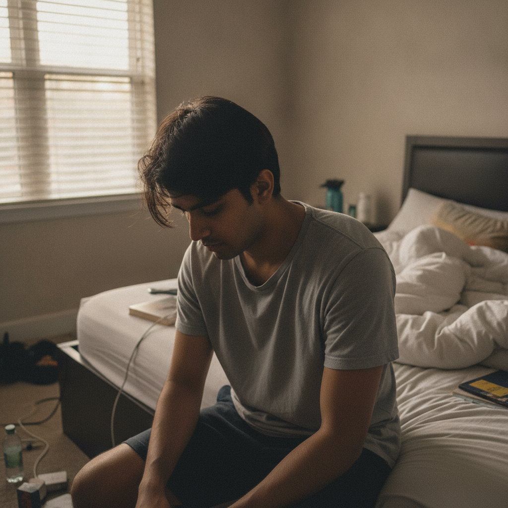 A young man sitting thoughtfully on the edge of his bed