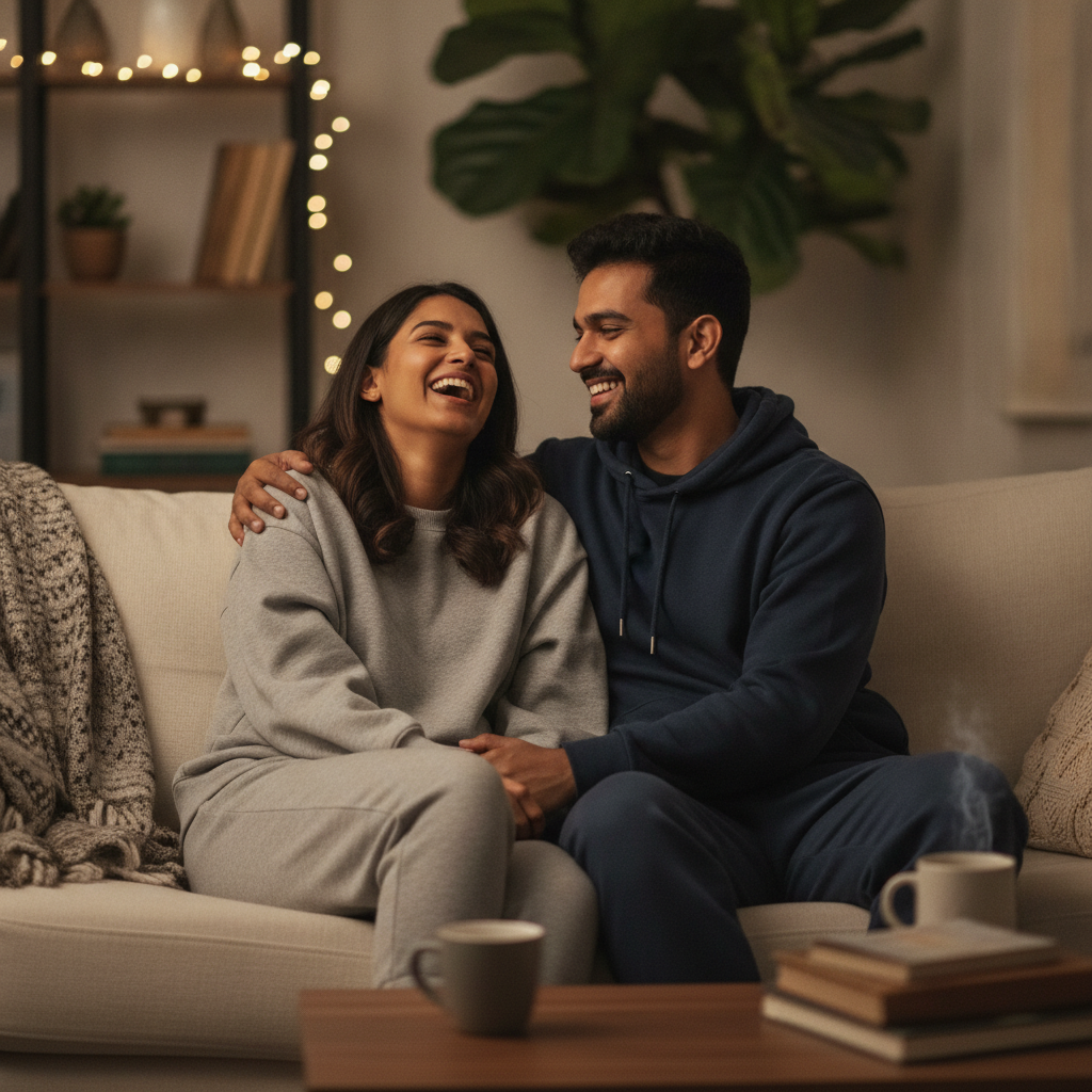 An affectionate young Indian couple laughing together on a sofa at home in warm, cozy light