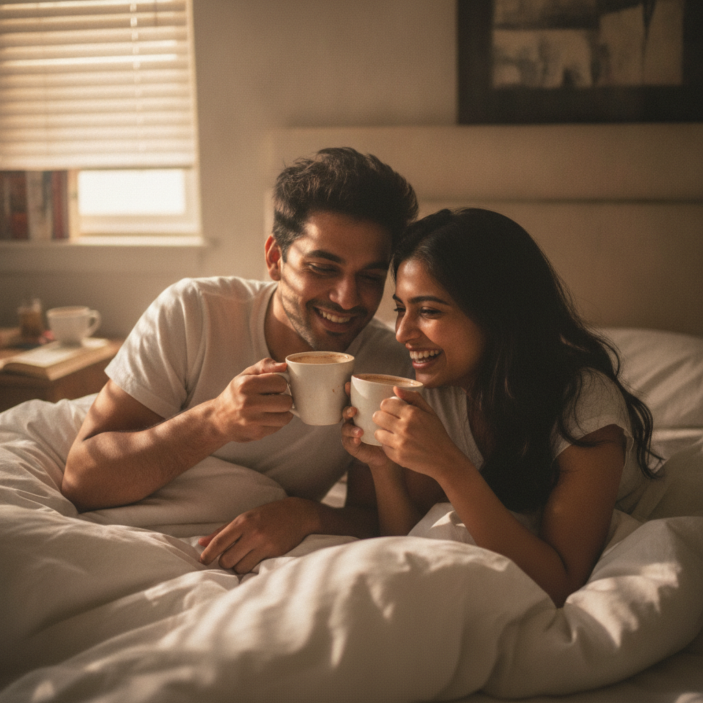 A young couple relaxing together in bed with morning coffee