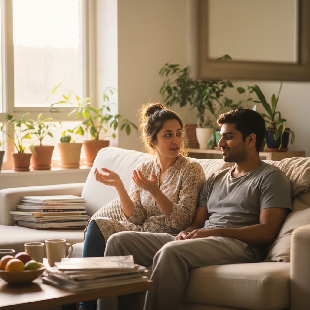 A couple talking openly together on the couch