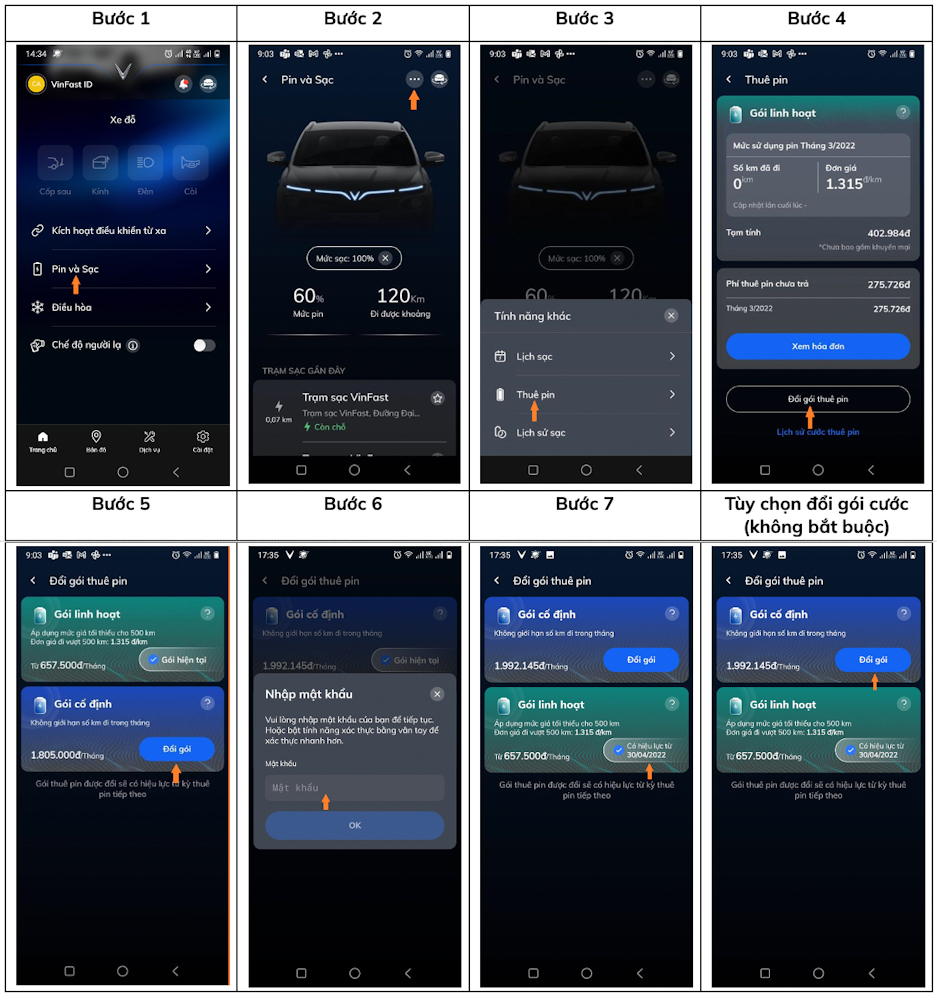 Các bước chuyển đổi gói cước thuê pin ô tô điện trên Ứng dụng VinFast