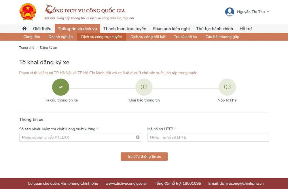 Thủ tục đăng ký ô tô điện và ô tô xăng tại Cổng dịch vụ Công quốc gia