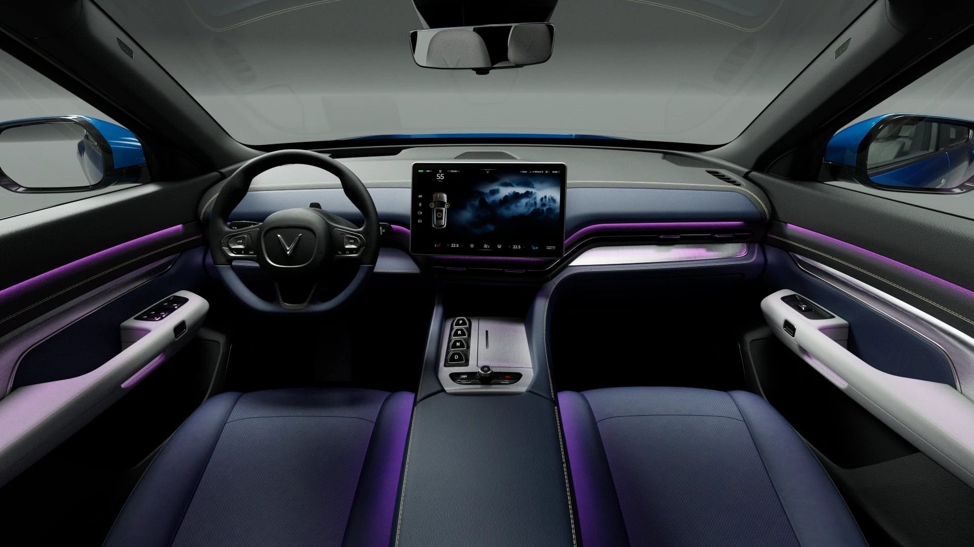 nội thất xe vinfast vf 9 với màn hình giải trí cảm ứng đa năng đặt tại vị trí trung tâm