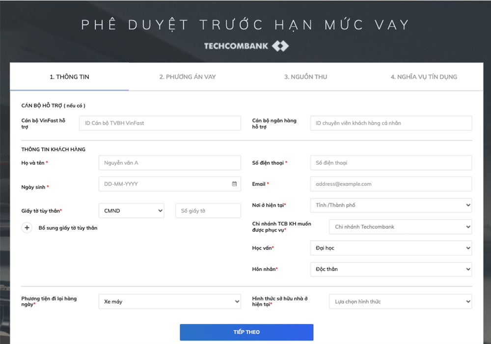 Chọn chi nhánh ngân hàng Techcombank để phê duyệt hạn mức vay