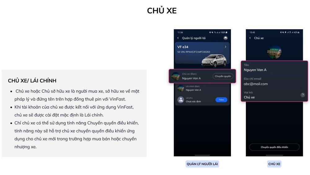 Cài đặt quản lý người lái qua Ứng dụng VinFast cho ô tô điện