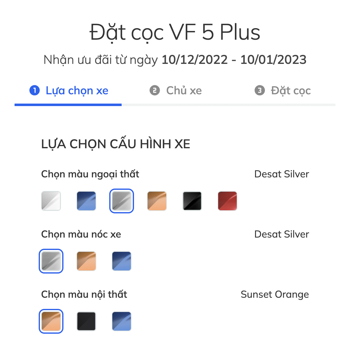 Hướng dẫn đặt cọc VF5 Plus: Lựa chọn bảng màu