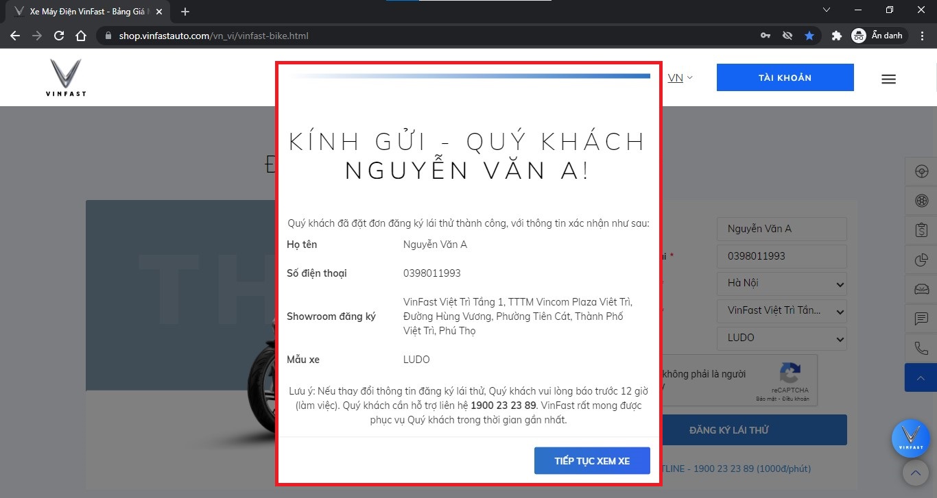 Đăng ký lái thử xe máy điện VinFast thành công