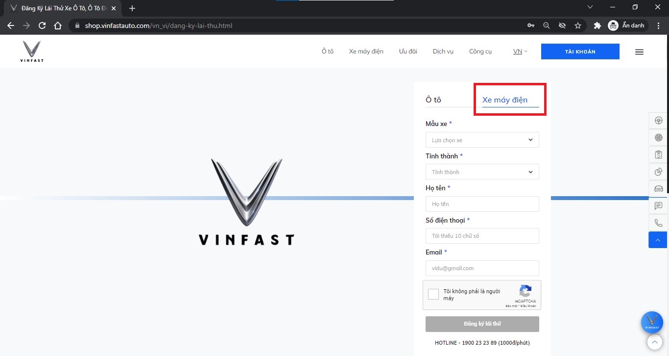 Bước 2 đăng ký lái thử xe máy điện VinFast