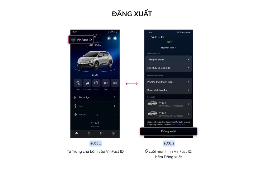 hướng dẫn đăng xuất Ứng dụng VinFast tại trang chủ