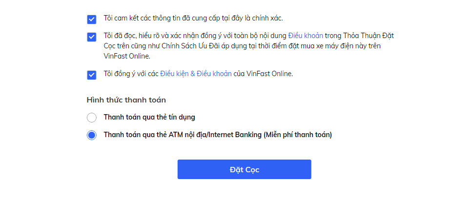 Khách hàng cam kết trước khi chọn đặt cọc xe máy điện VinFast online