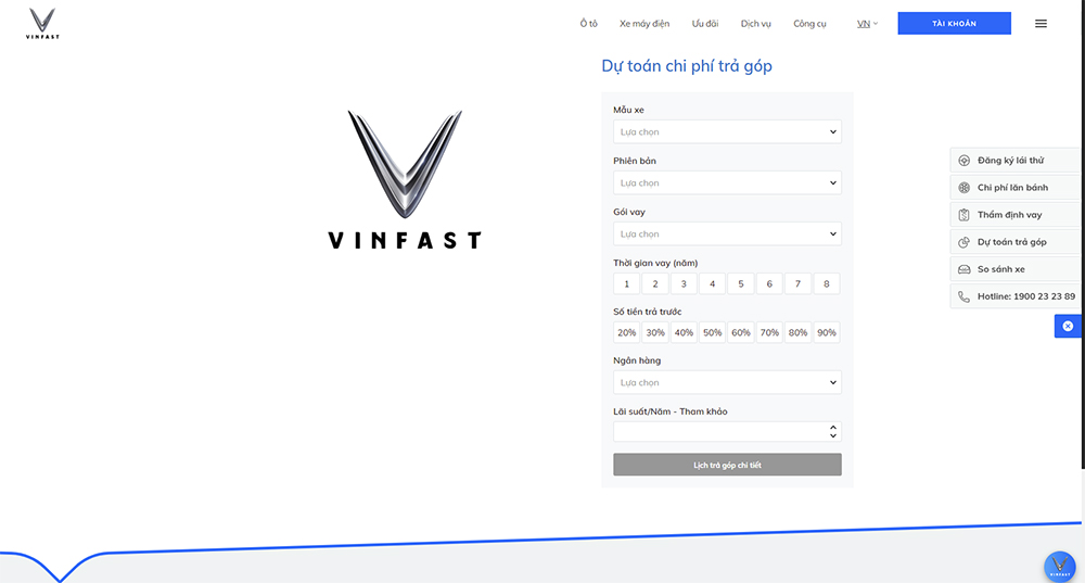 Giao diện dự toán chi phí trả góp VinFast Lux A2.0