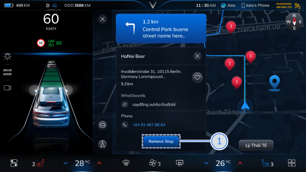 Cách sử dụng hỗ trợ điều hướng dẫn đường trên VinFast VF 8 - xóa điểm dừng