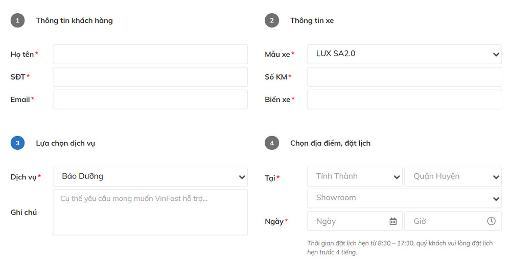 Thông tin đặt lịch bảo dưỡng được yêu cầu điền khi đặt lịch qua website online