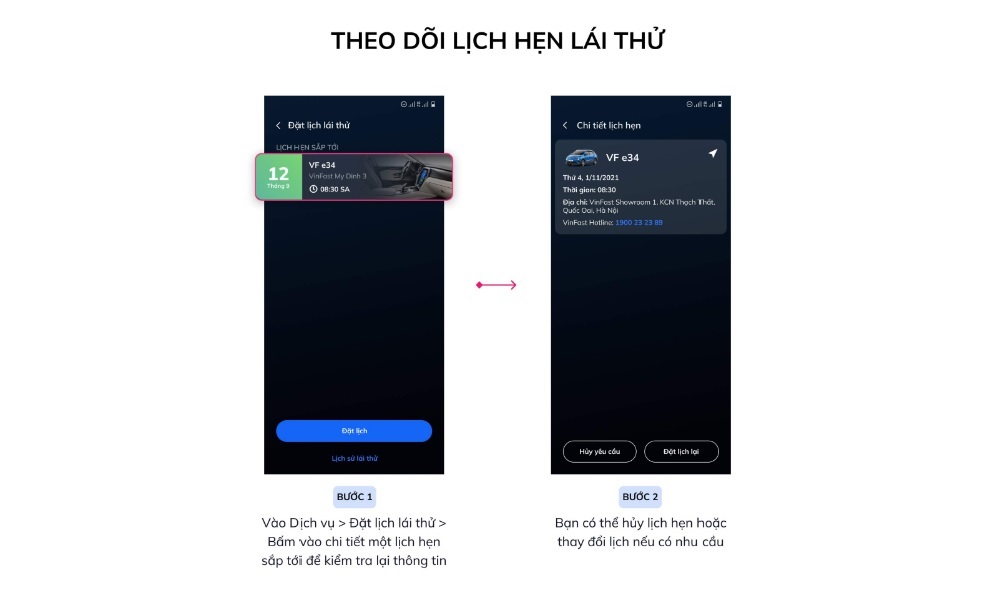 Hướng dẫn sử dụng tiện ích dịch vụ trên Ứng dụng VinFast - theo dõi lịch hẹn lái thử