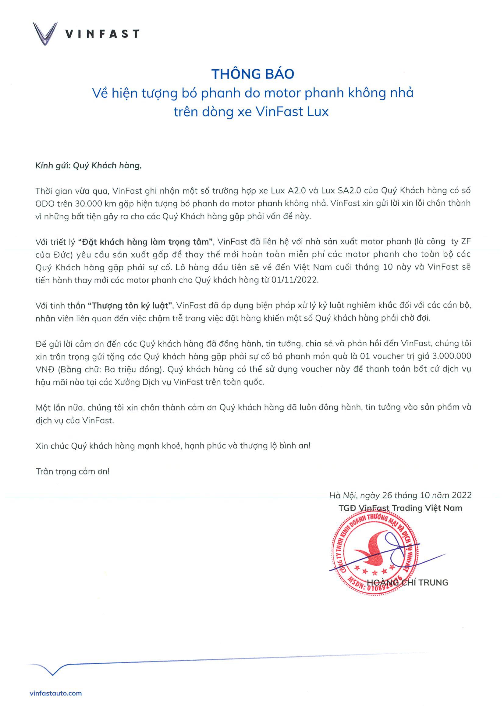 thông báo về hiện tượng bó phanh trên xe VinFast Lux