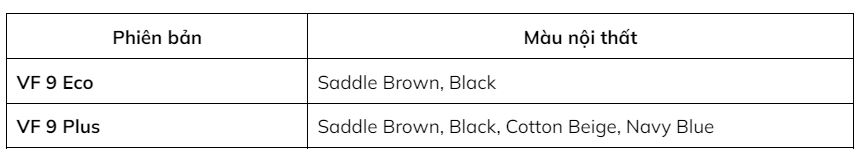 màu nội thất vinfast vf9 eco plus