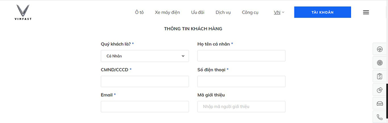 Bảng điền thông tin cá nhân cho khách hàng muốn đặt cọc mua xe VinFast Fadil