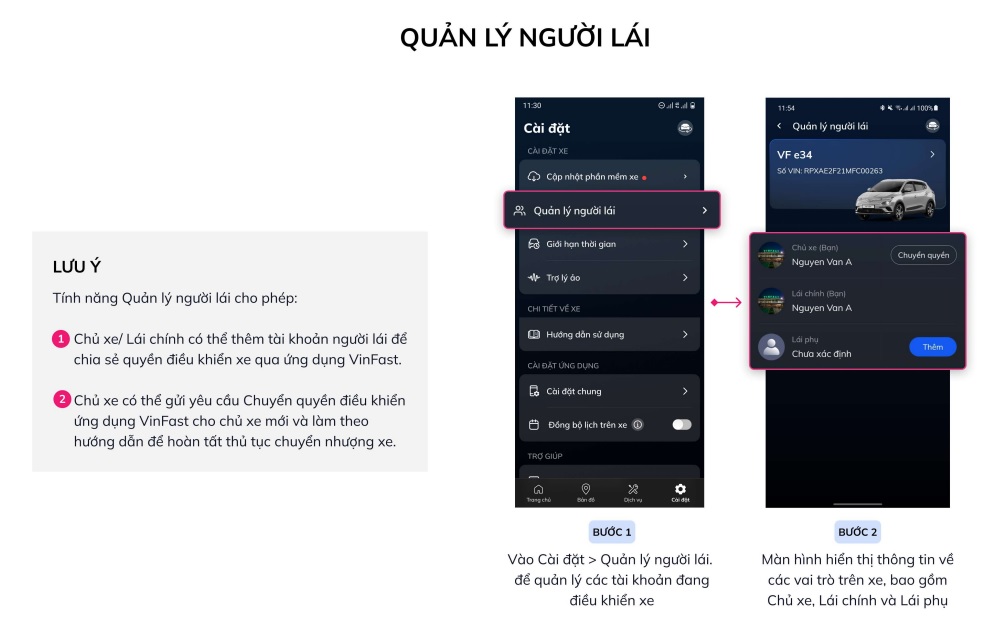 Các bước cài đặt quản lý người lái để chia sẻ quyền điều khiển xe qua Ứng dụng ô tô điện VinFast