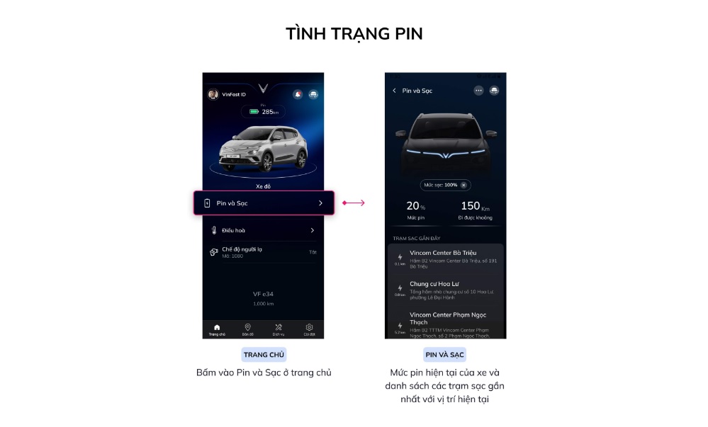 quản lý ô tô điện trên Ứng dụng VinFast - theo dõi tình trạng pin